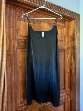 stars above Black Satin Slip Dress with Thin Straps